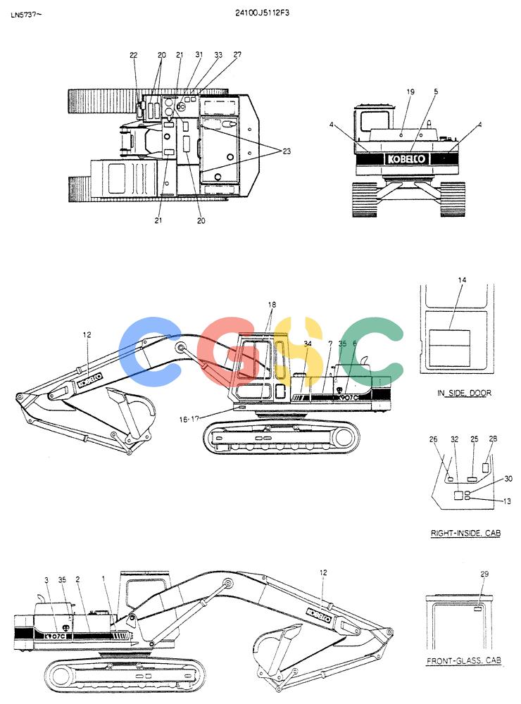 神钢零件查询(K907CLC) - EXCAVATOR BTW YG0101 - YG0500 (1/85-12/03) (15-004) - LABEL,NAME-PLATE P/N 24100J5112F3 Kobelco
