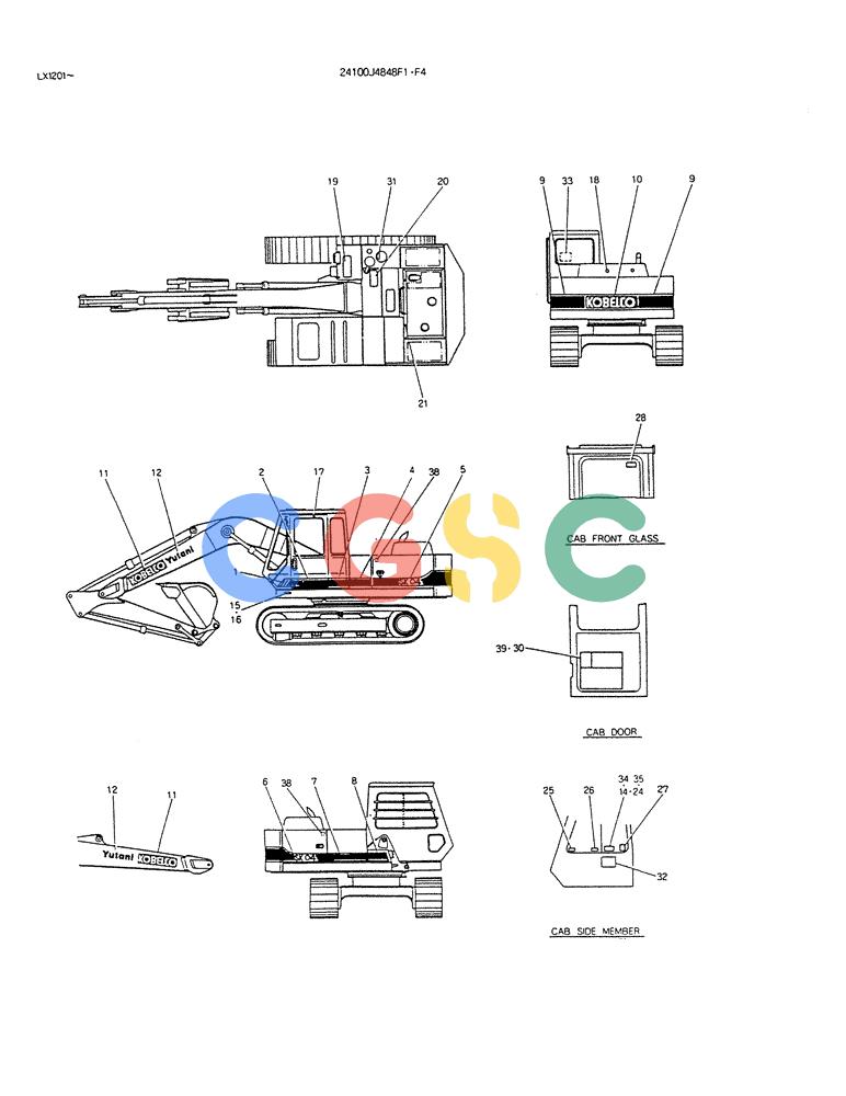 神钢零件查询(K904DL) - EXCAVATOR ASN LX1201 (1/84-12/03) (17-008) - LABEL, NAME PLATE (FOR LONG CRAWLER) P/N 24100J4848F1,F4 Kobelco