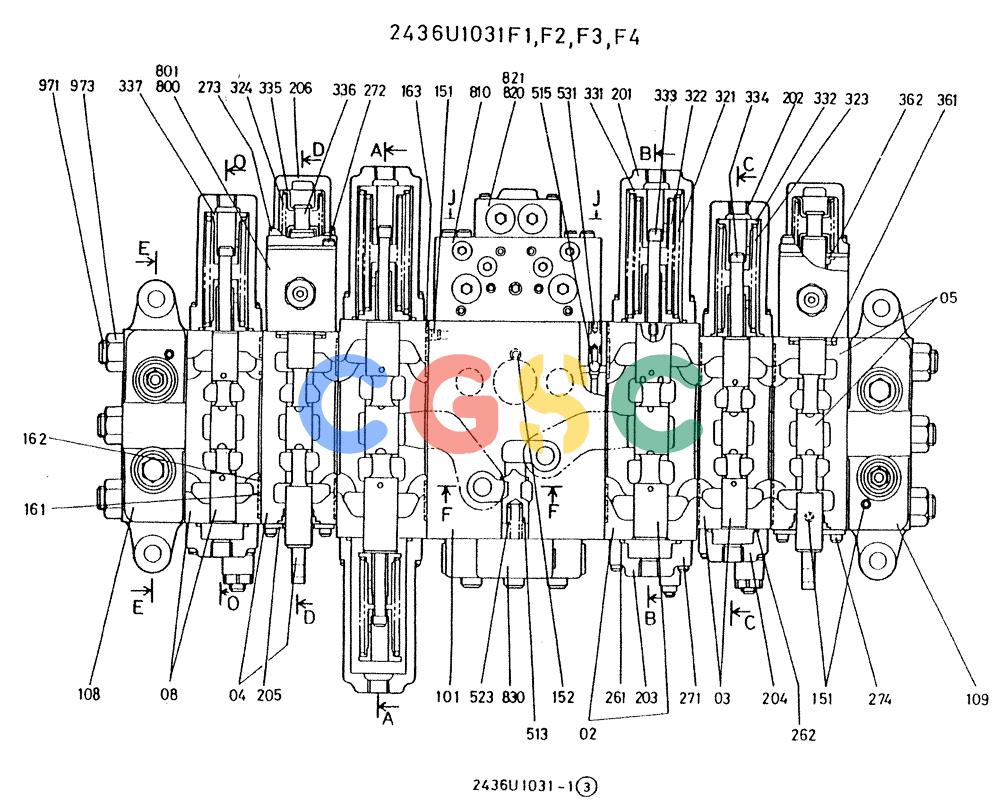 神钢零件查询(K909A) - EXCAVATOR ASN LQ0795 (1/83-12/03) (01-011[01]) - VALVE CONTROL, P/N 2436U1031 F1, F2 ,F3, F4, F5, F6 Kobelco