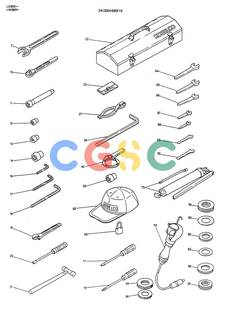 神钢零件查询(K904DL) - EXCAVATOR ASN LX1201 (1/84-12/03) (17-018) - TOOL ASSY P/N 24100N1695F19 Kobelco
