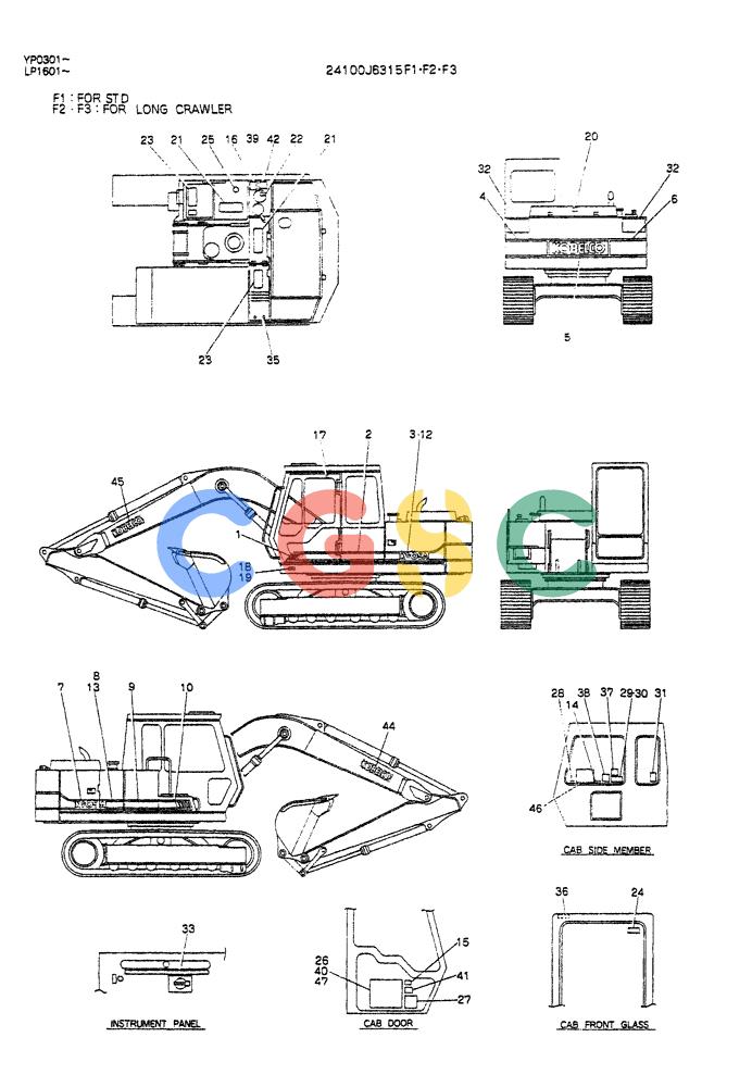 神钢零件查询(K905ALC) - EXCAVATOR ASN YP0301 (1/86-12/03) (10-004) - LABEL, NAME PLATE, P/N 24100J6315F1-F2-F3 Kobelco
