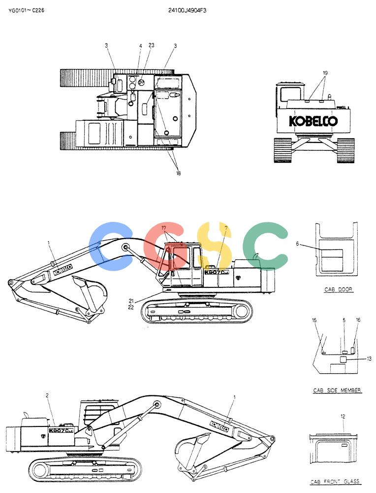 神钢零件查询(K907CLC) - EXCAVATOR BTW YG0101 - YG0500 (1/85-12/03) (15-014) - LABEL,NAME-PLATE(FOR LONG CRAWLER) P/N 24100J4904F3 Kobelco