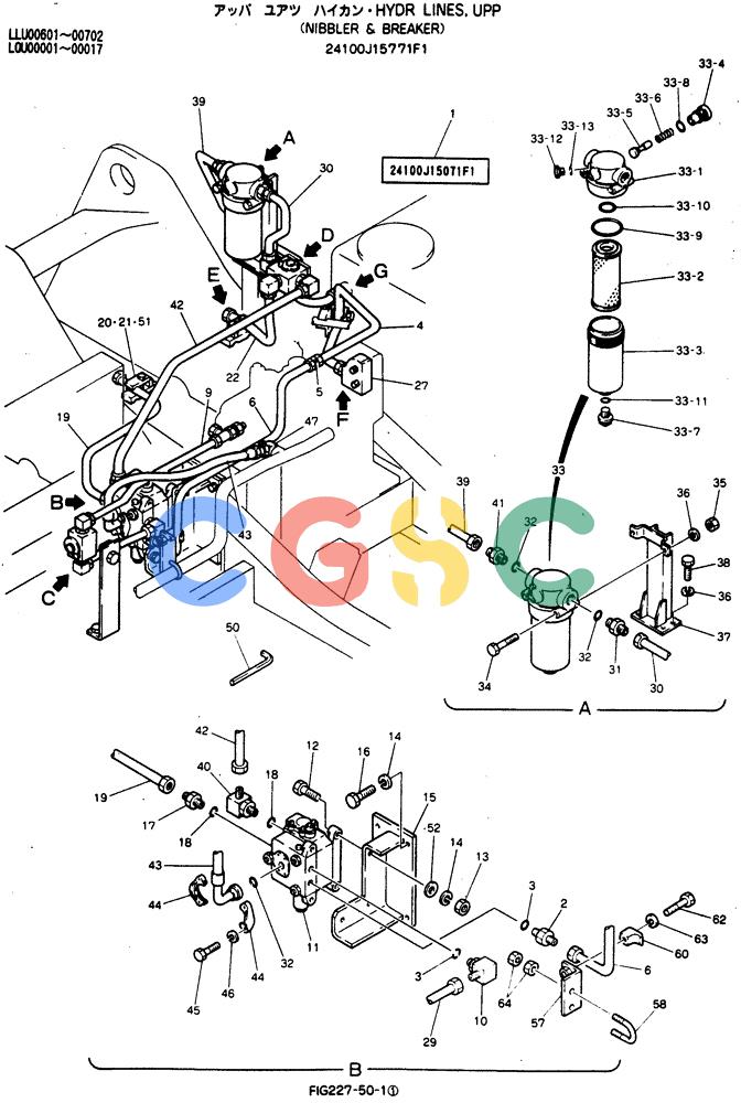 神钢零件查询(BREAKER) - NIBBLER AND BREAKER ATTACHMENT - SK220LC EXCAVATORS (9/04-) (227-50) - Hydr Lines, Upp (Nibbler and Breaker) Kobelco