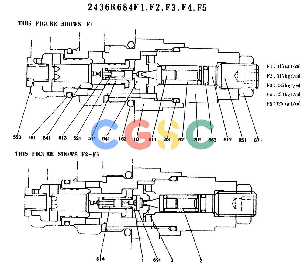 神钢零件查询(K904) - MARK II EXCAVATOR ASN YW1119 (1/88-12/03) (11-005) - VALVE ASSY, PORT RELIEF, P/N 2436R684F1 Kobelco