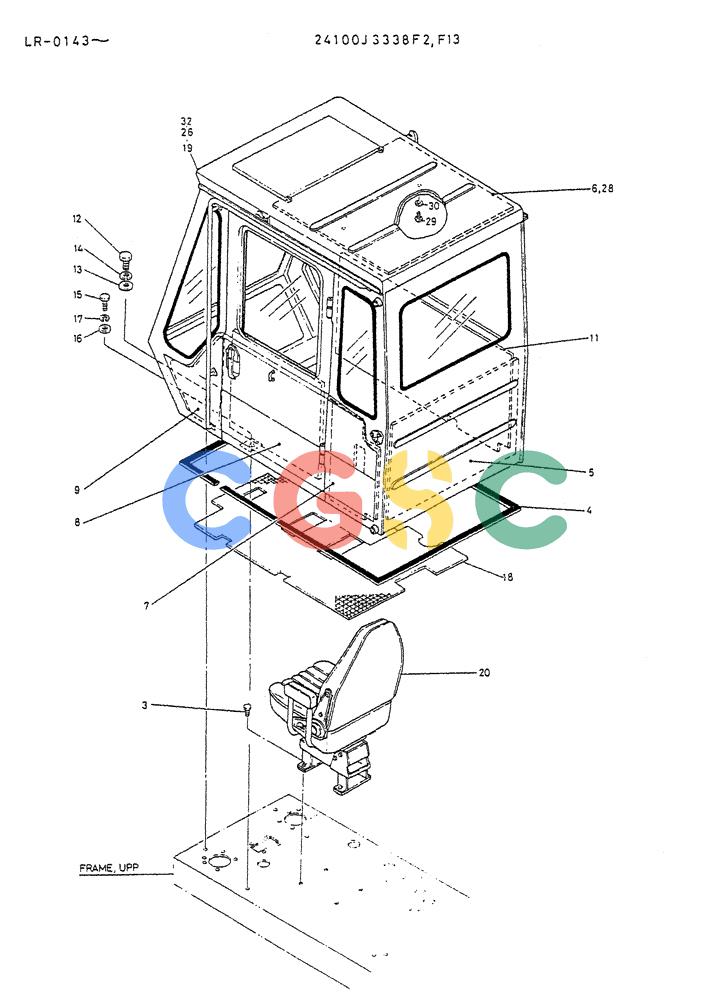 神钢零件查询(K914) - EXCAVATOR ASN LR-0143 (1/79-12/03) (02-003) - INSTAL, CAB (FOR NORTH AMERICA, AUSTRALIA, NEW ZEALAND) P/N 24100J3338F2, F13 Kobelco