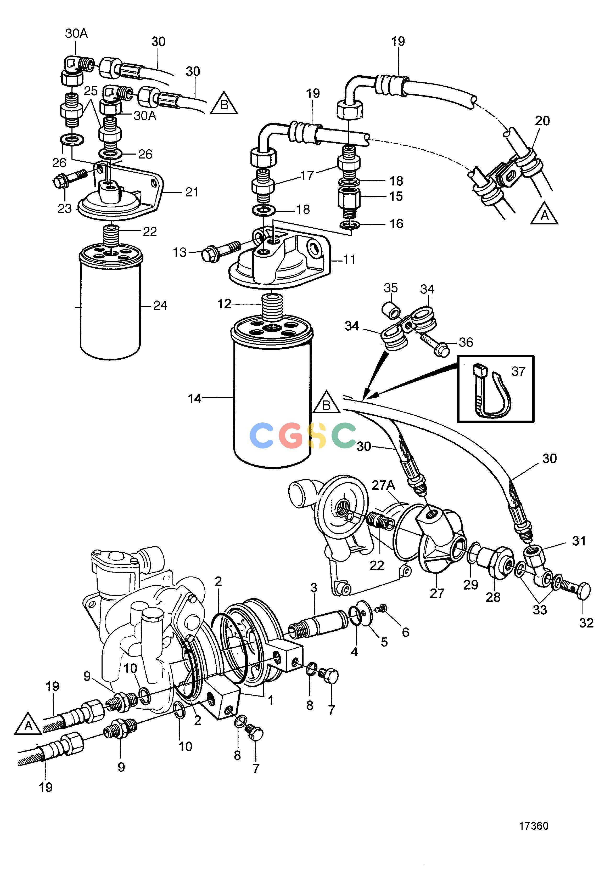 沃尔沃零件查询TAMD71B; TAMD73P-A; TAMD73WJ-ALubricating SystemOil and By-pass Filter. Alternative Mounting on Rear End of EngineEPC Volvo Penta Parts catalog