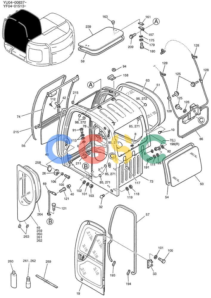纽荷兰零件查询(E235SRLC) - CRAWLER EXCAVATOR BTW YU04-00837 - YU04-01417 (05-003[01]) - CAB ASSY (WITH POWER WINDOW) New Holland Constructuion