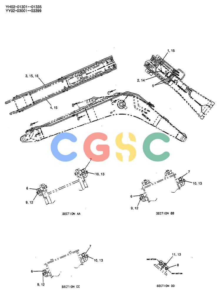 神钢零件查询(ED150) - BLADE RUNNER EXCAVATOR/DOZER BTW YL04-00501 - YL04-00554 (4/03-10/03) (07-014) - HYD LINES, BOOM 4.6M (15FT 1IN) (NIBBLER & BREAKER) P/N YY42H00057F1 Kobelco