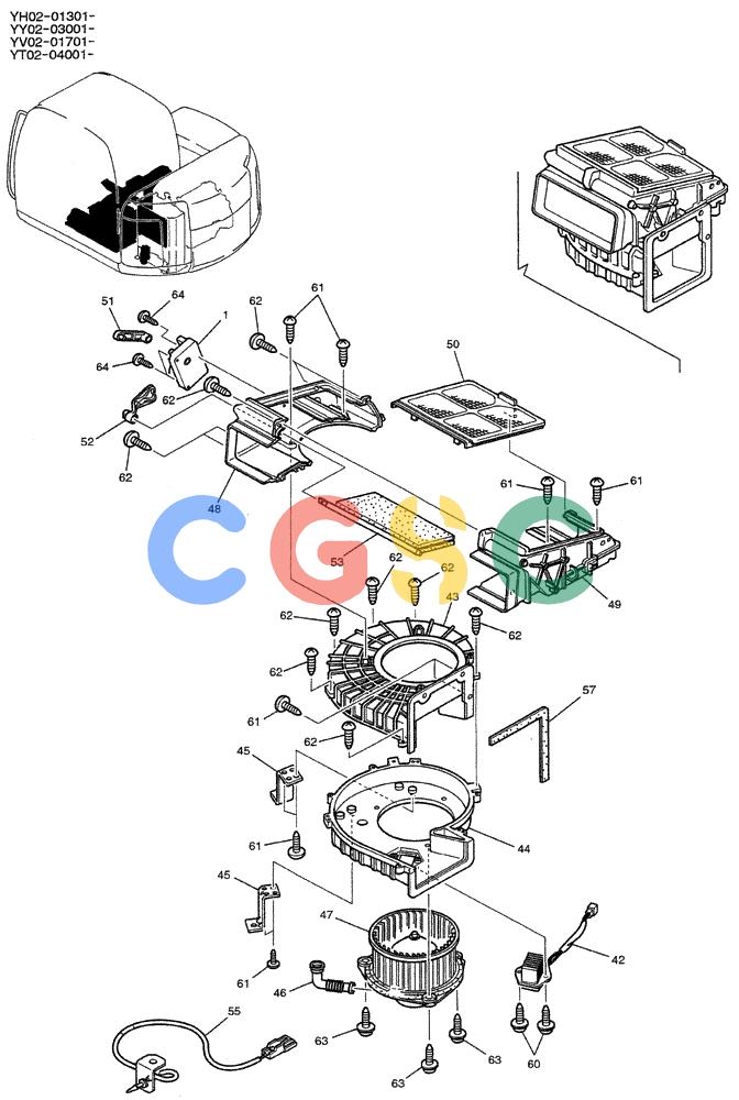 神钢零件查询(ED150-1E) - BLADE RUNNER EXCAVATOR/DOZER ASN YL05-00555 (11/03-12/04) (01-061[01]) - CONDITIONER ASSY, AIR, P/N YT20M00004F1, F2 Kobelco