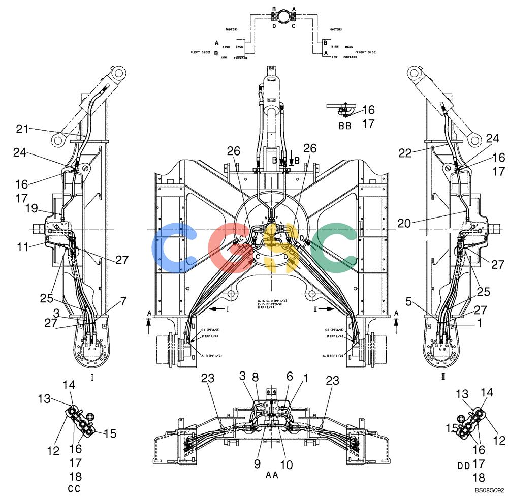 纽荷兰零件查询(E70) - MIDI CRAWLER EXCAVATOR (NA) (1/06-) (093[00]) - HYDRAULIC LINES, LOWER (DOZER) (YT02H00020F1) New Holland Constructuion