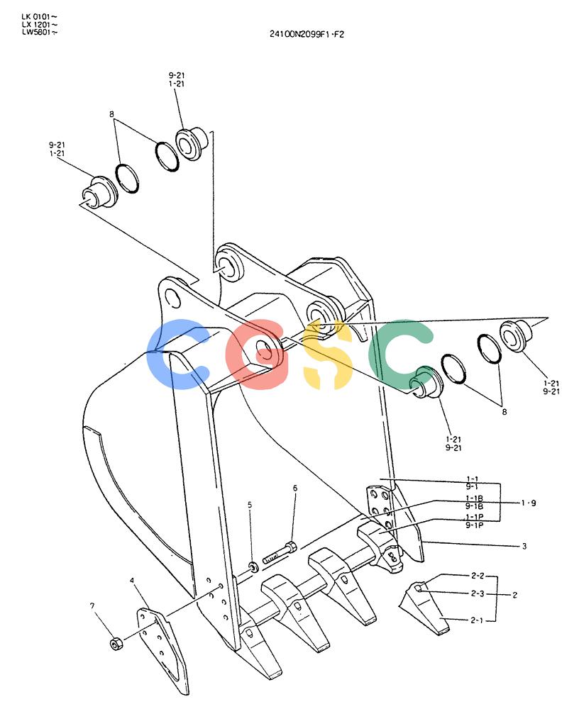 神钢零件查询(K904DL) - EXCAVATOR ASN LX1201 (1/84-12/03) (09-008) - BUCKET ASSY, 0.35M3 Kobelco