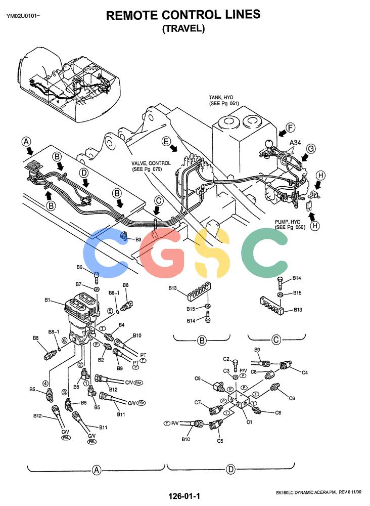 神钢零件查询(SK160LC) - DYNAMIC ACERA EXCAVATOR 11/2000 ASN YM02U0101 (11/00-12/02) (01-034[01]) - REMOTE CONTROL LINES (TRAVEL) Kobelco