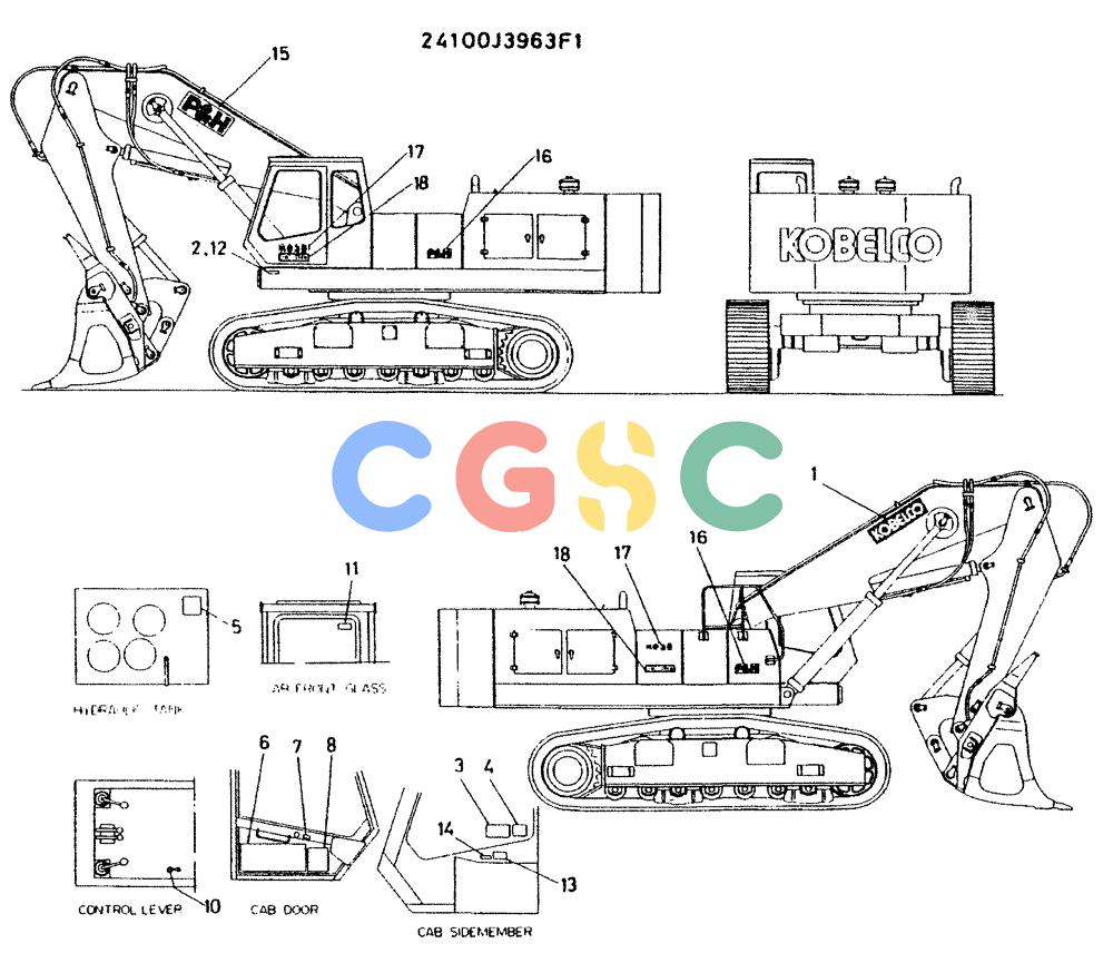 神钢零件查询(K935) - EXCAVATOR BTW L70106 - L70166, LU0067 (1/76-12/03) (07-012) - LABEL NAME-PLATE, P/N 24100J3963F1 Kobelco