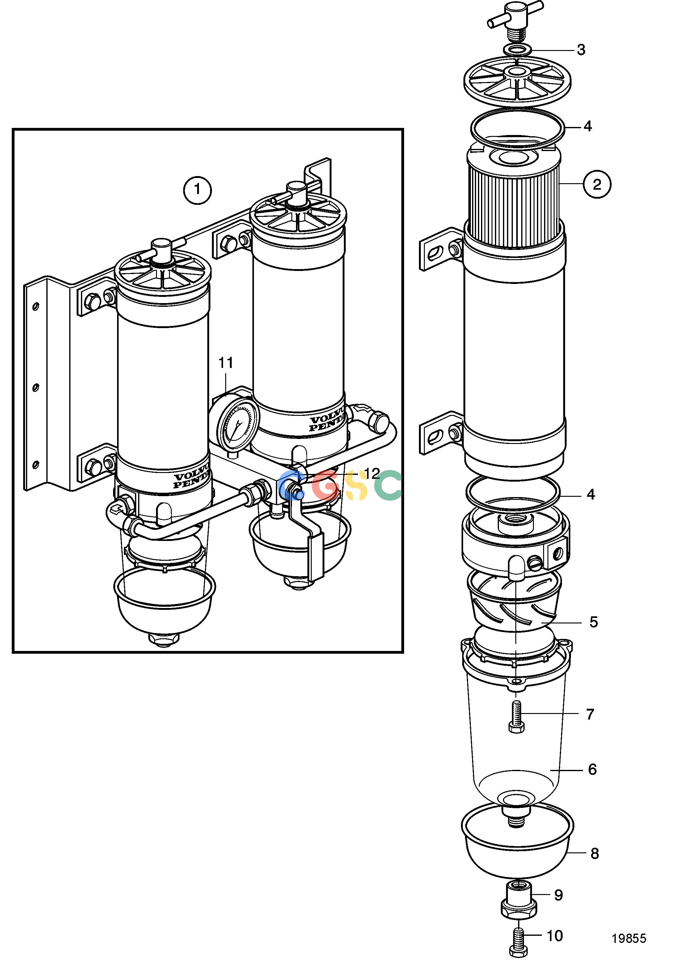 沃尔沃零件查询D5A-T; D5A-TA; D5A-B TA; D7A-T; D7A-TA; D7A-B TAFuel SystemFuel Cleaner/ Water Separator, Twin.EPC Volvo Penta Parts catalog