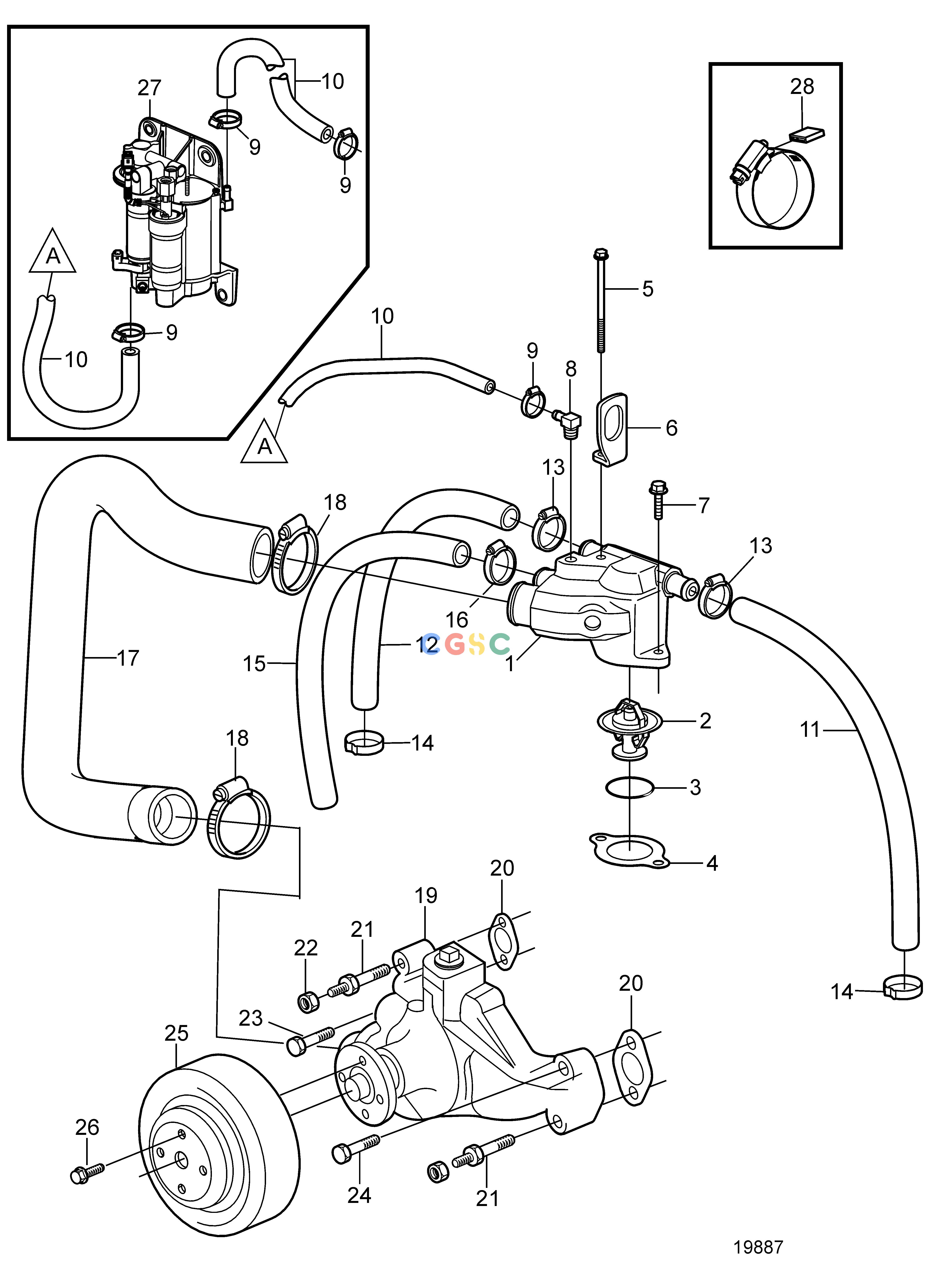 沃尔沃零件查询4.3GXi-C; 4.3GXi-CF; 4.3GXi-D; 4.3GXi-DF; 4.3OSi-C; 4.3OSi-CF; 4.3OSi-D; 4.3OSi-DFCooling SystemCirculation Pump and ThermostatEPC Volvo Penta Parts catalog