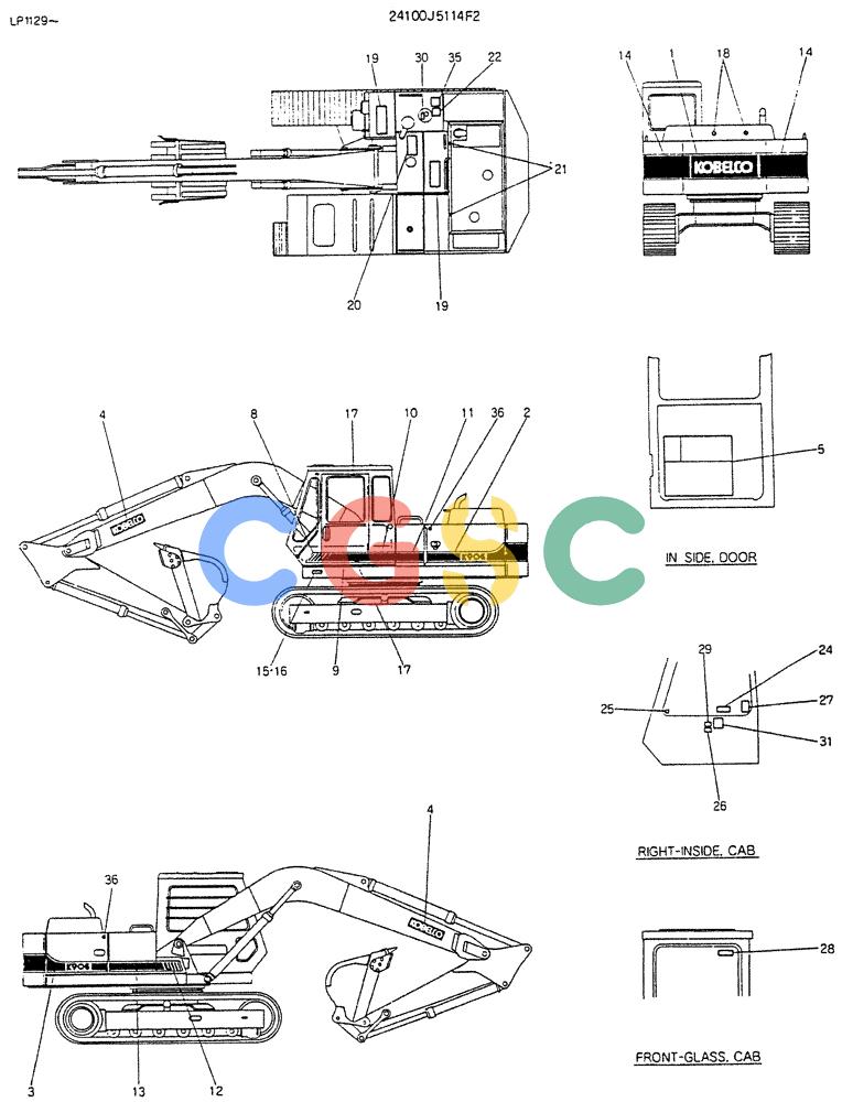 神钢零件查询(K905LC) - EXCAVATOR BTW YP0115 - YP0301 (1/85-12/03) (10-004) - LABLE,NAME- PLATE P/N 24100J5114F2 Kobelco