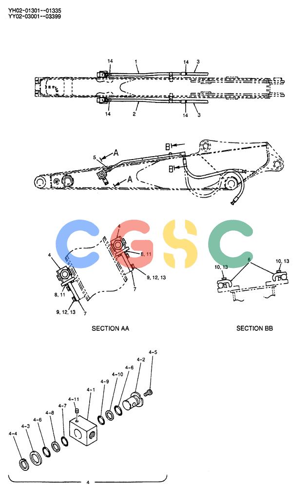 神钢零件查询(ED150) - BLADE RUNNER EXCAVATOR/DOZER BTW YL04-00501 - YL04-00554 (4/03-10/03) (07-017) - HYD LINES, ARM 2.45M (8FT) (NIBBLER & BREAKER) P/N YY43H00002F1 Kobelco