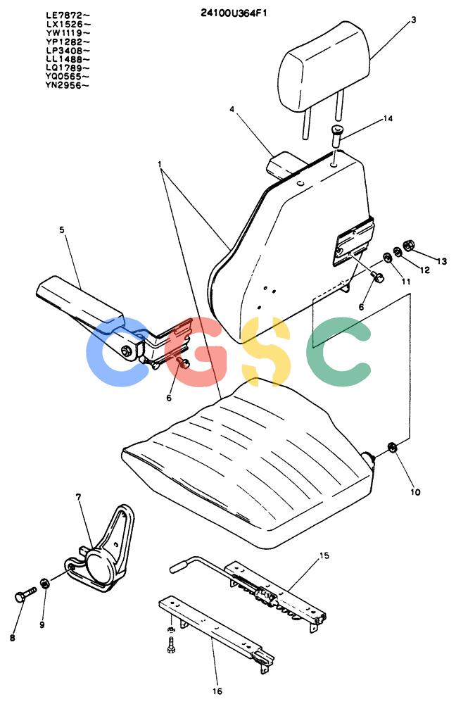 神钢零件查询(K904) - MARK II EXCAVATOR ASN YW1119 (1/88-12/03) (02-011) - SEAT ASSY, P/N 24100U364F1 Kobelco
