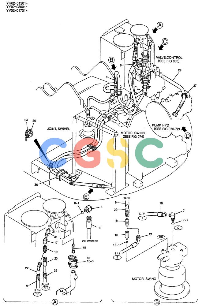 神钢零件查询(ED150) - BLADE RUNNER EXCAVATOR/DOZER BTW YL04-00501 - YL04-00554 (4/03-10/03) (07-028[01]) - HYD LINES, UPP (RETURN) P/N YY32H00003F2 Kobelco