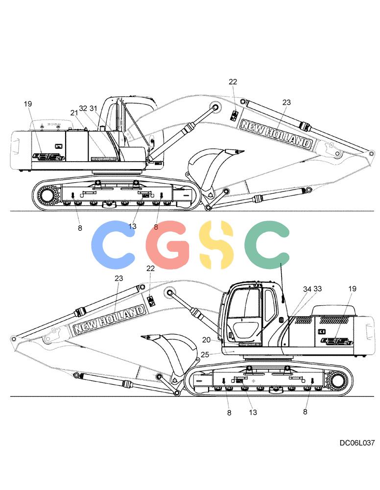 纽荷兰零件查询(E215B) - CRAWLER EXCAVATOR - TIER 3 (NA) - ASN N7DA21001 (1/07-) (7.026[03]) - NAME PLATE INSTALLATION, (EXTERIOR) (YN22TU0023F1), FIGURE 3 OF 3 New Holland Constructuion