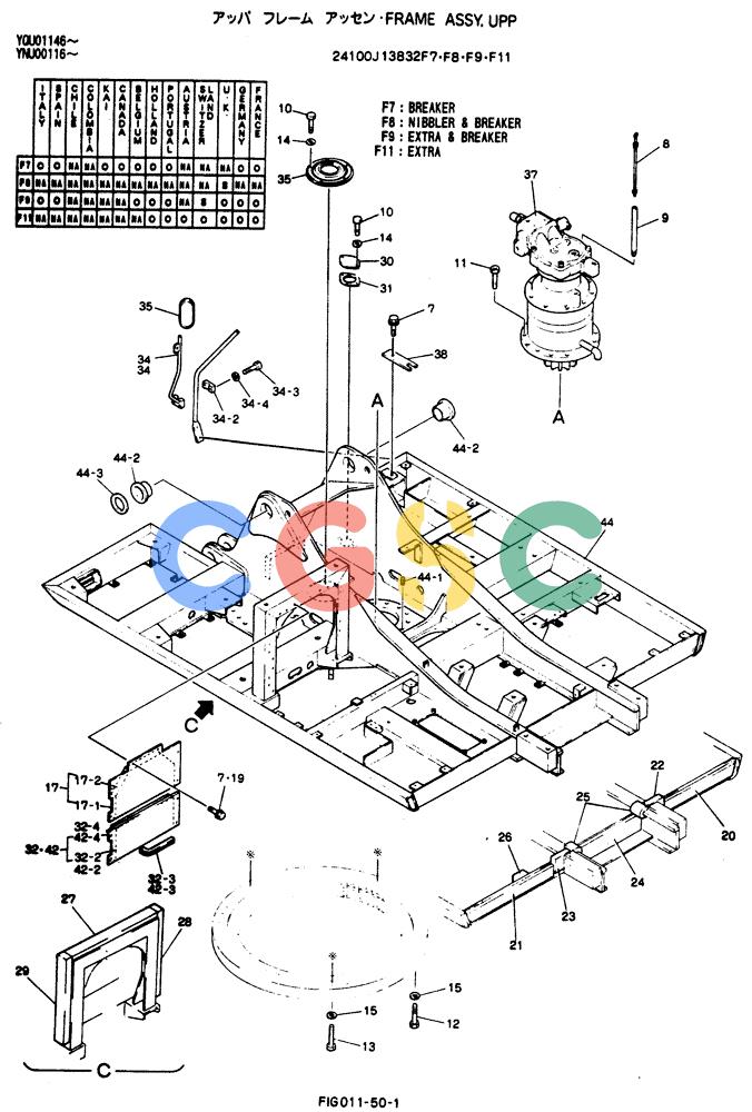 神钢零件查询(BREAKER) - NIBBLER AND BREAKER ATTACHMENT - SK200LC EXCAVATORS (9/04-) (011-50) - Upper Frame Assy' (Breaker) (Nibbler and Breaker) (Extra and Breaker) (Extra) Kobelco