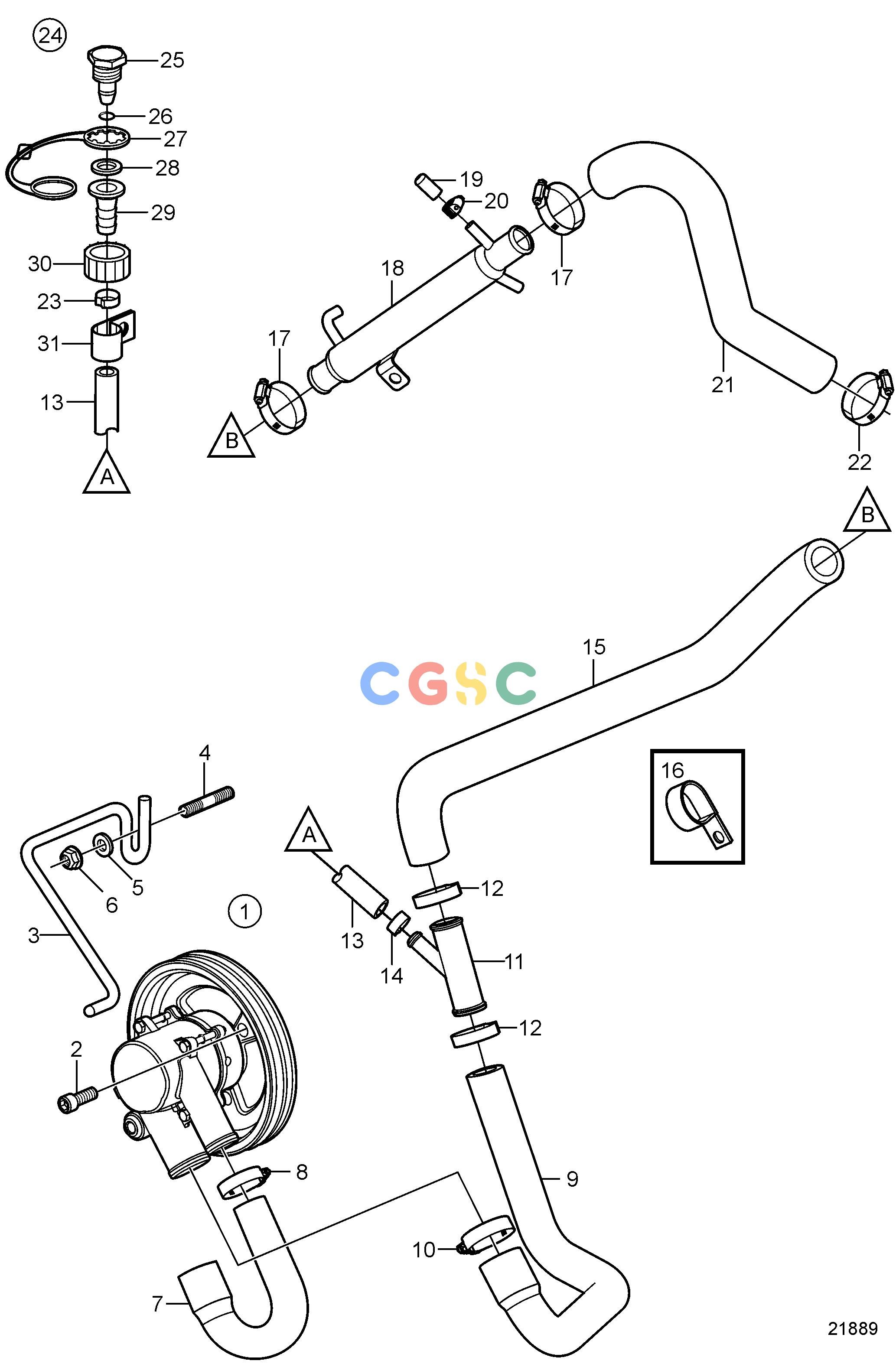 沃尔沃零件查询5.0GL-F; 5.0GL-FFCooling SystemSeawater Pump and HosesEPC Volvo Penta Parts catalog