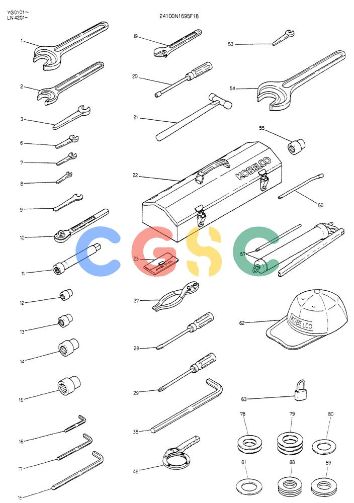 神钢零件查询(K907CLC) - EXCAVATOR BTW YG0101 - YG0500 (1/85-12/03) (15-021) - TOOL ASSY P/N 24100N1695F18 FOR EXPORT Kobelco