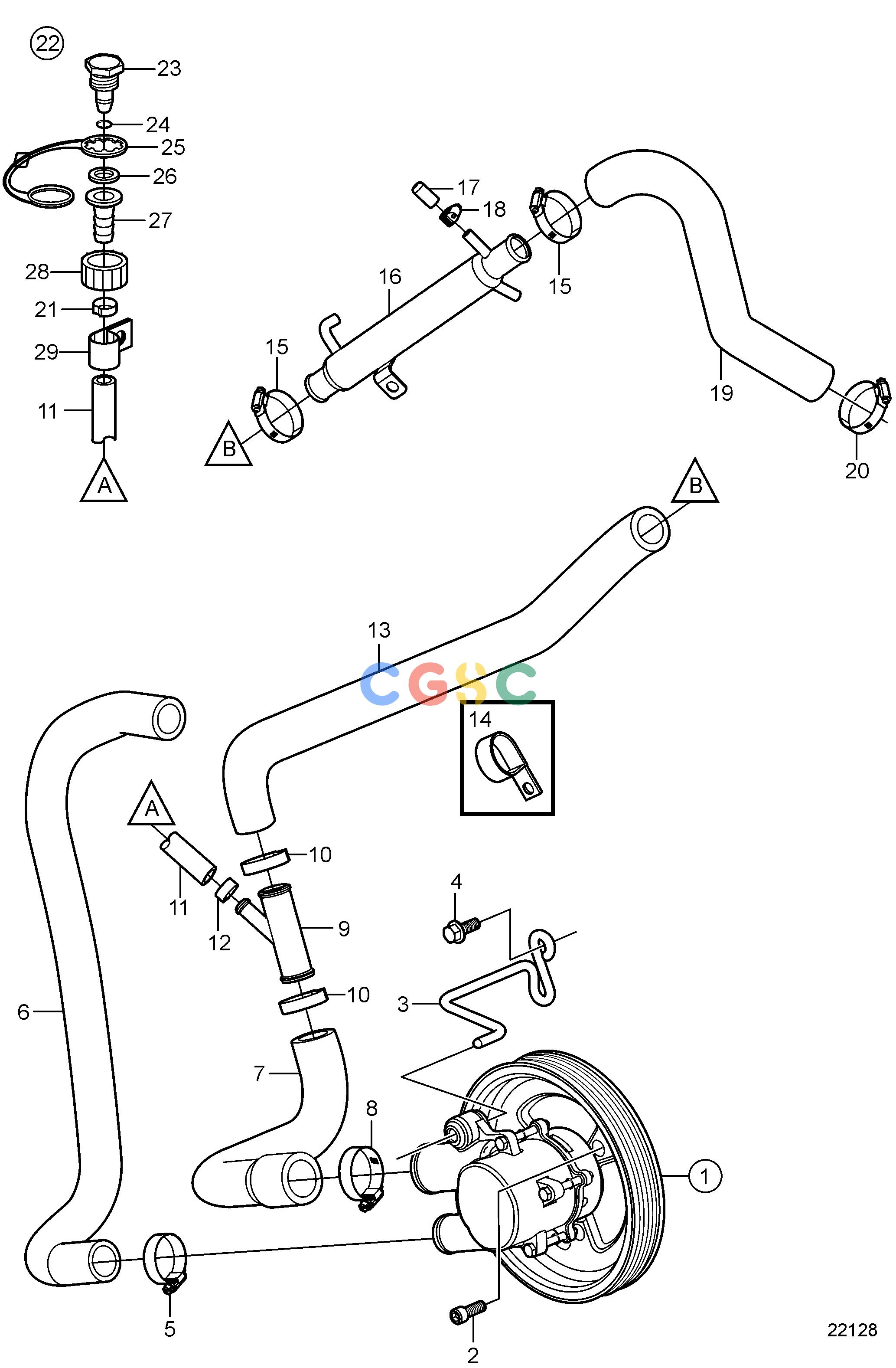 沃尔沃零件查询4.3GXi-J; 4.3GXi-JF; 4.3OSi-J; 4.3OSi-JFCooling SystemSeawater Pump and HosesEPC Volvo Penta Parts catalog