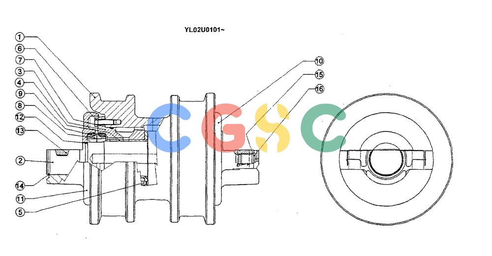 神钢零件查询(ED190LC) - BLADE RUNNER EXCAVATOR/DOZER BTW YL02U0101 - YL03U0135 (1/02-12/06) (02-005) - ROLLER ASSY, LOWER (DOUBLE FLANGE) Kobelco