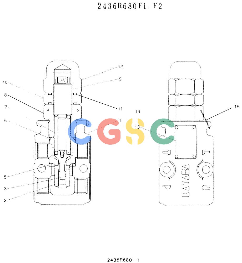 神钢零件查询(K907LC) - MARK II EXCAVATOR ASN YQ0565 (NA) (1/87-12/03) (11-001) - VALVE ASSY, RELIEF, P/N 2436R680F1-F2 Kobelco