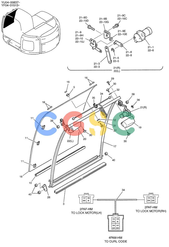 纽荷兰零件查询(E235SRLC) - CRAWLER EXCAVATOR BTW YU04-00837 - YU04-01417 (05-004) - WINDOW ASSY, FR (WITH POWER WINDOW) New Holland Constructuion