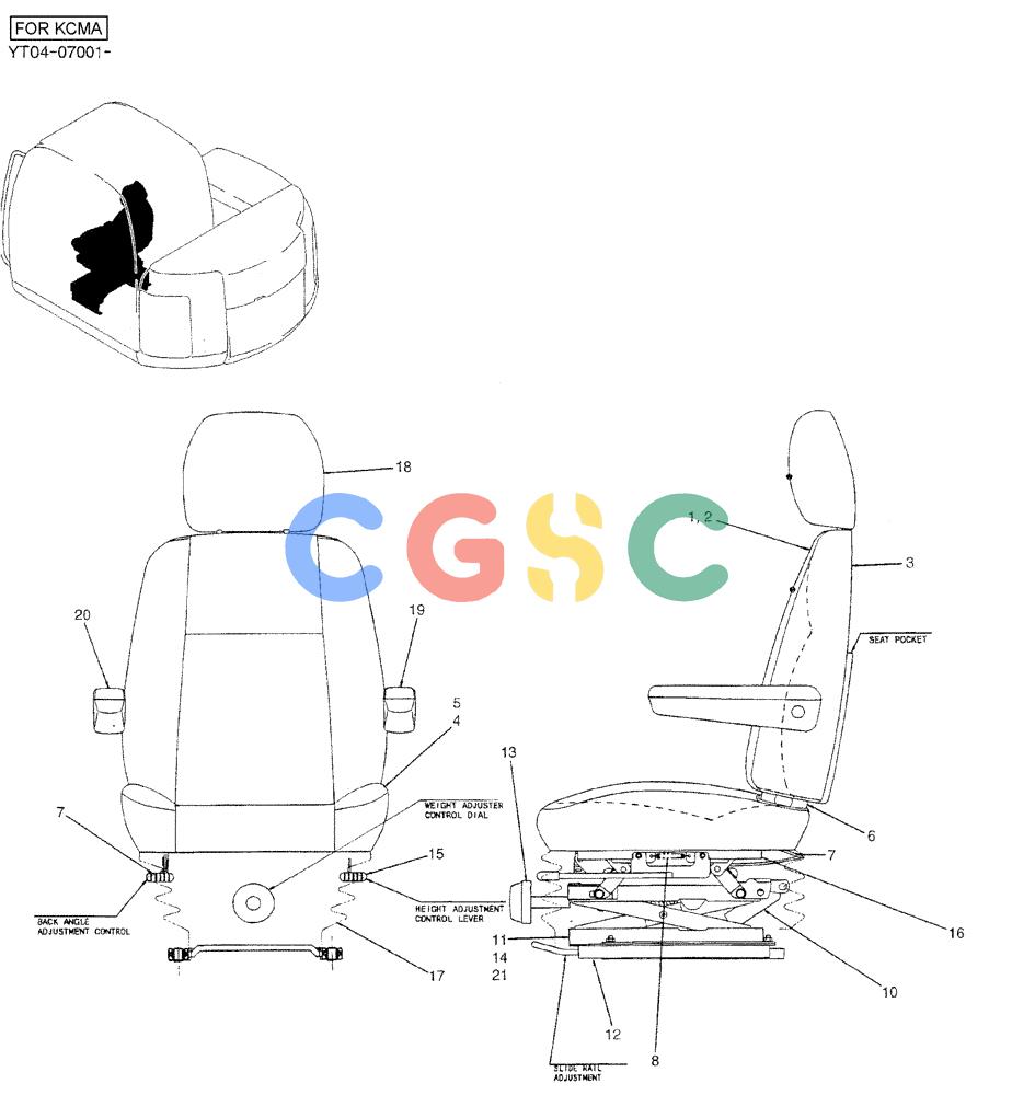 神钢零件查询(ED150) - BLADE RUNNER EXCAVATOR/DOZER BTW YL04-00501 - YL04-00554 (4/03-10/03) (01-038-01) - SEAT ASSEMBLY (YT25M00025F1) Kobelco