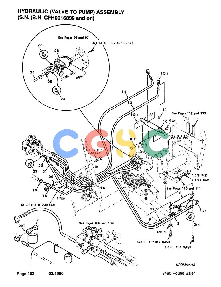 凯斯零件查询(8460) - CASE IH ROUND BALER (BEFORE S/N CFH0057418) (1/88-12/93) (102) - HYDRAULIC, VALVE TO PUMP, ASSEMBLY, SERIAL NUMBER CFH0016839 AND ON Case Agriculture