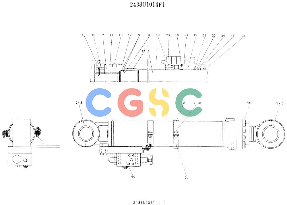神钢零件查询(K907LC) - MARK II EXCAVATOR ASN YQ0565 (NA) (1/87-12/03) (11-057) - CYLINDER ASSY (L.H BOOM), P/N 2438U1014F1 Kobelco