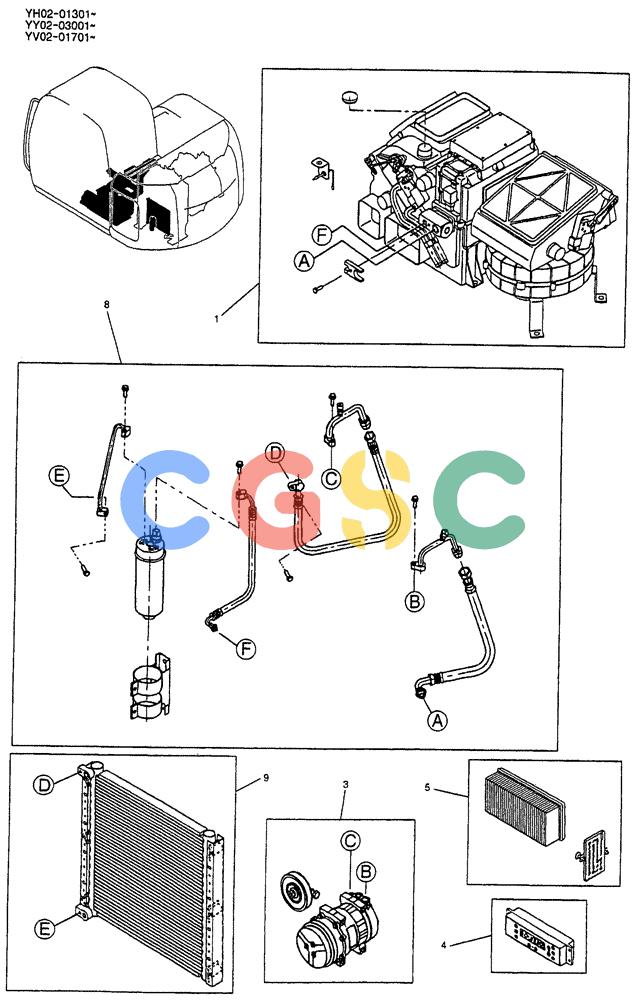 神钢零件查询(ED150) - BLADE RUNNER EXCAVATOR/DOZER BTW YL04-00501 - YL04-00554 (4/03-10/03) (01-053) - CONDITIONER ASSEMBLY, AIR P/N YV20M00003F3 Kobelco