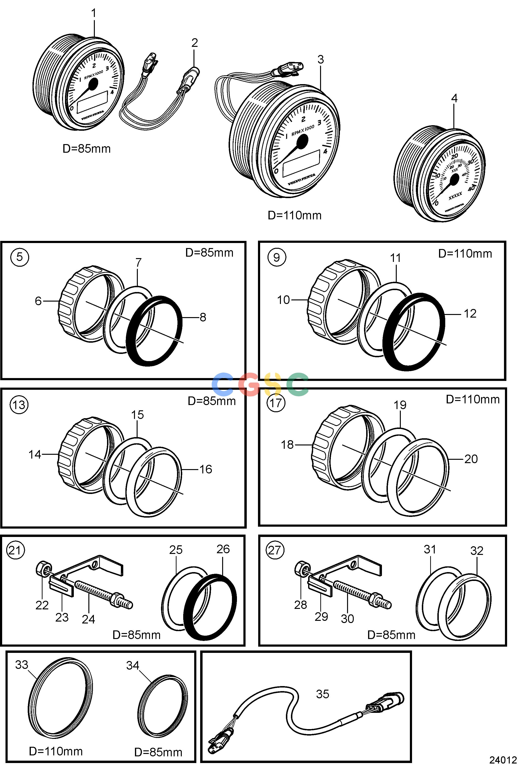 沃尔沃零件查询4.3GXiE-P; 4.3GXiE-QElectrical SystemTachometers and Speedometers, EVCEPC Volvo Penta Parts catalog