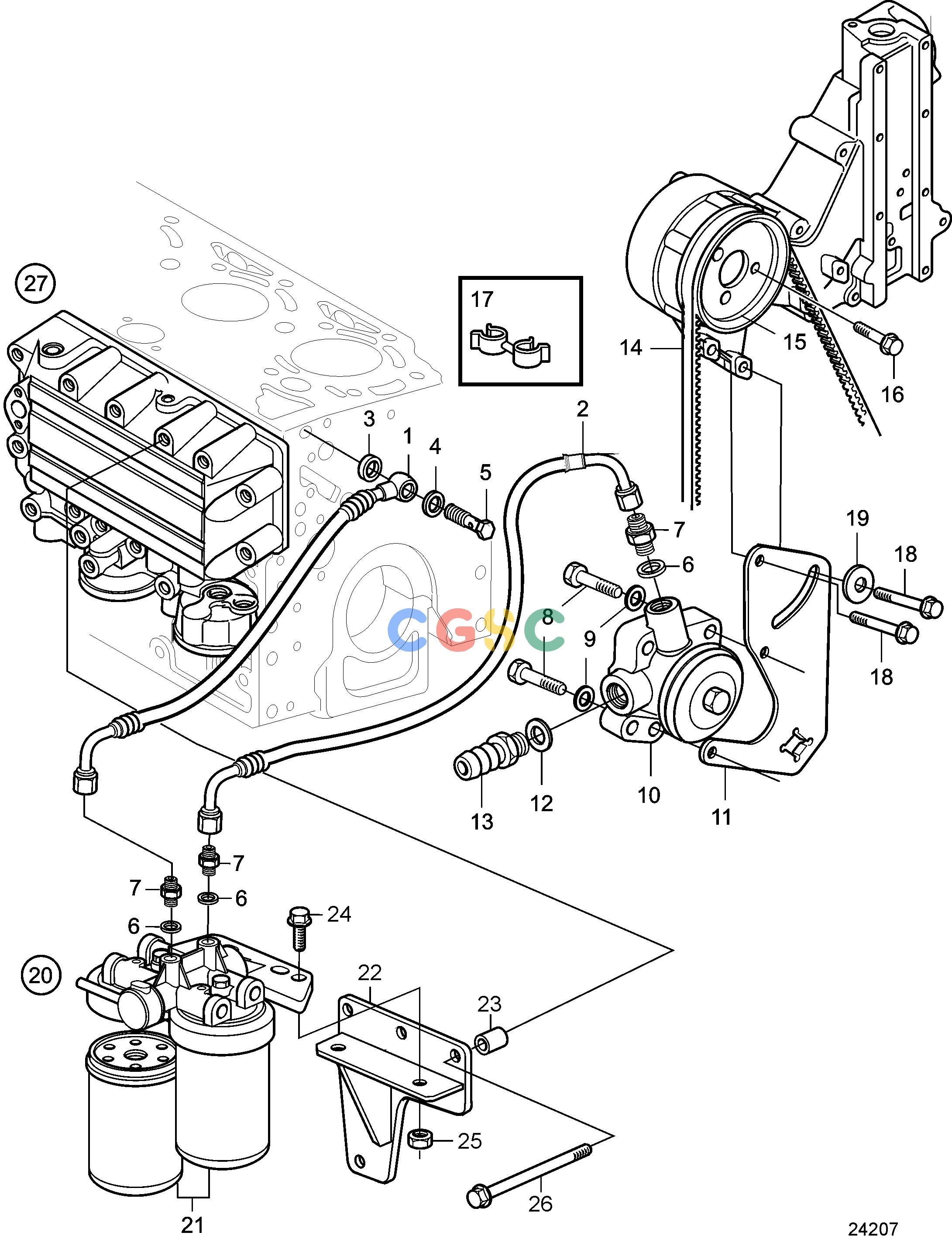 沃尔沃零件查询D5A-T; D5A-TA; D5A-B TA; D7A-T; D7A-TA; D7A-B TAFuel SystemFuel System. Fuel Filter Housing with Shift Valve. Earlier Production.EPC Volvo Penta Parts catalog