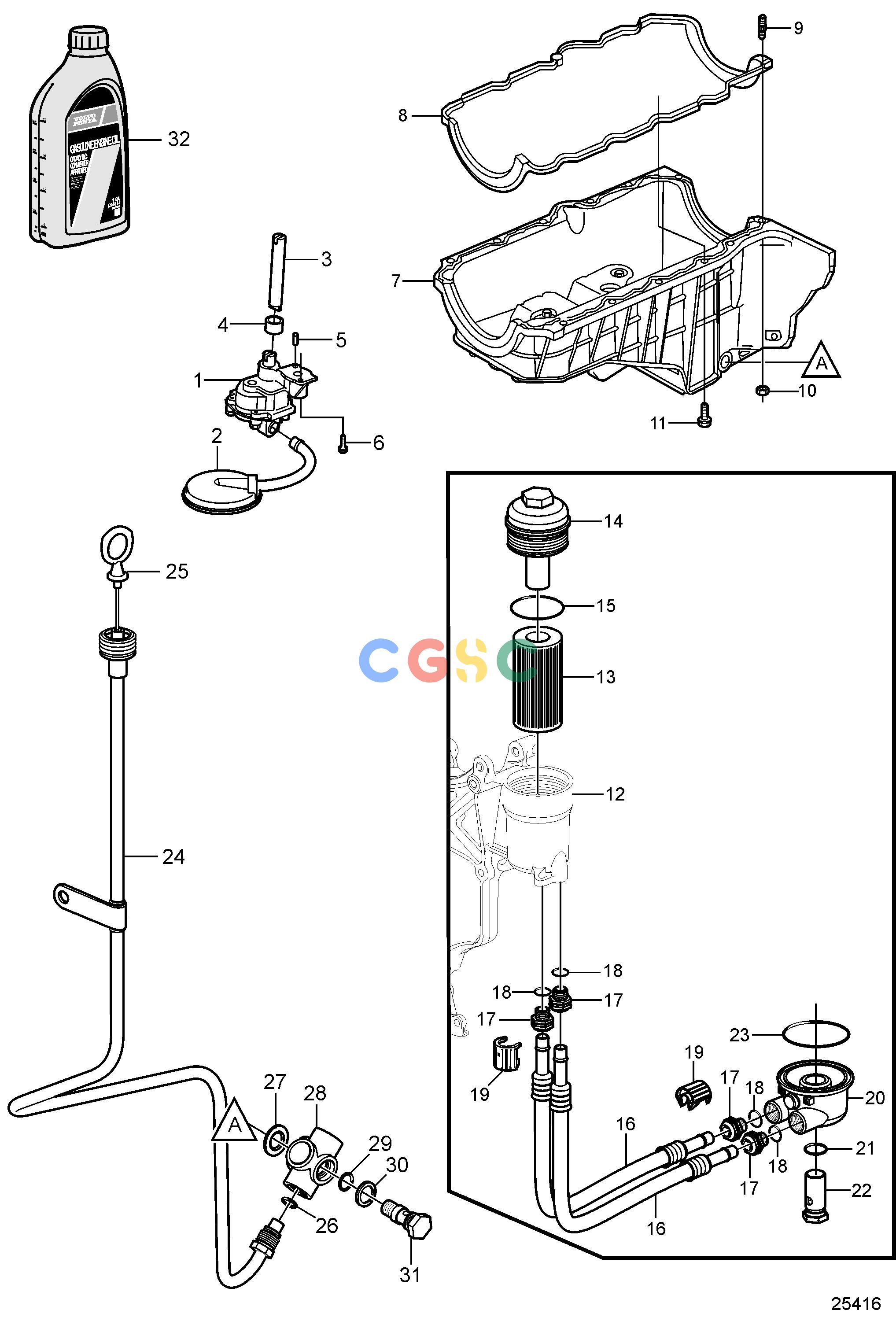 沃尔沃零件查询4.3GXiE-P; 4.3GXiE-QEngineOil Pan and Oil PumpEPC Volvo Penta Parts catalog