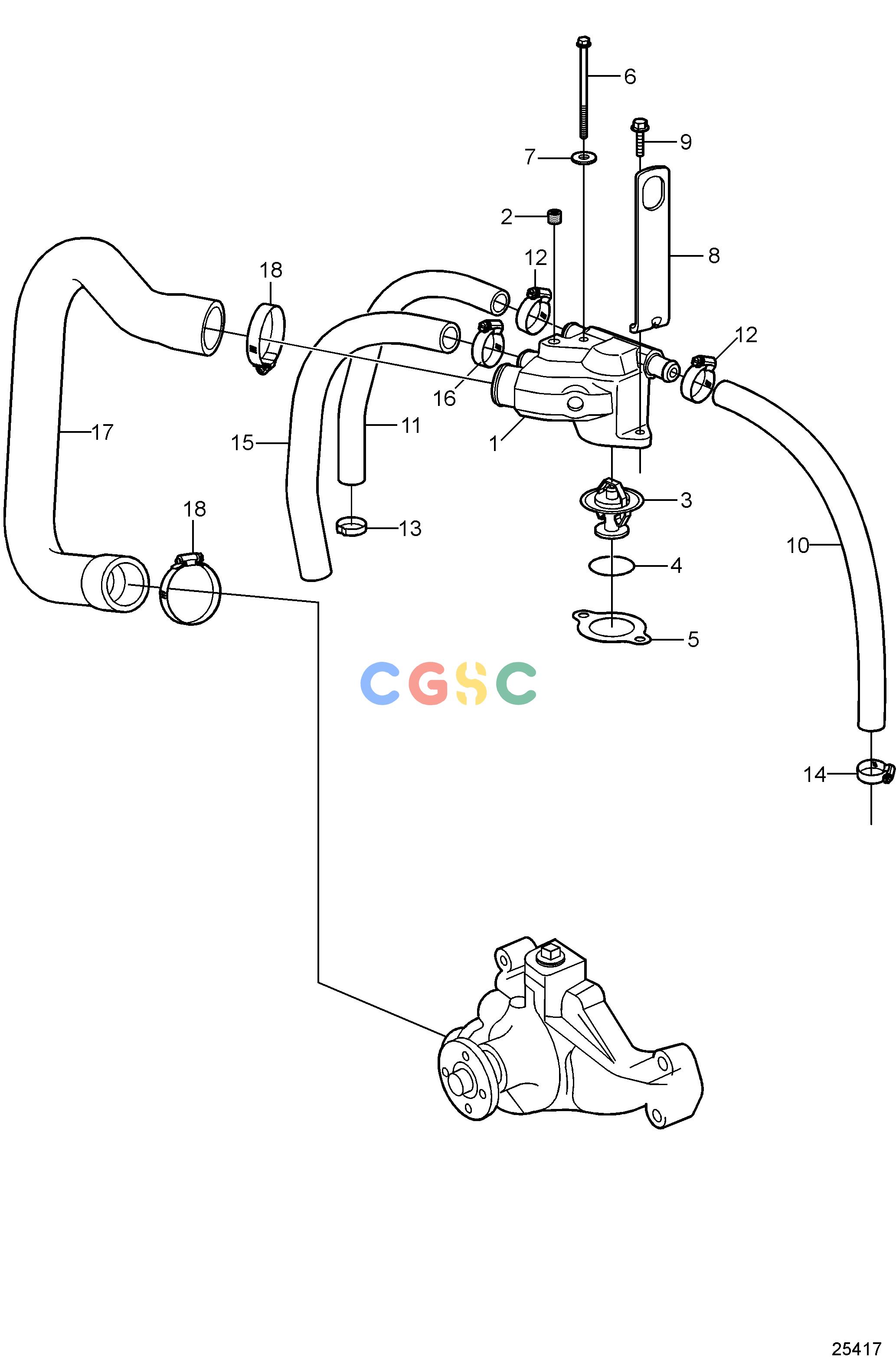 沃尔沃零件查询4.3GL-PCooling SystemSeawater System, Thermostat Housing to ExhaustEPC Volvo Penta Parts catalog