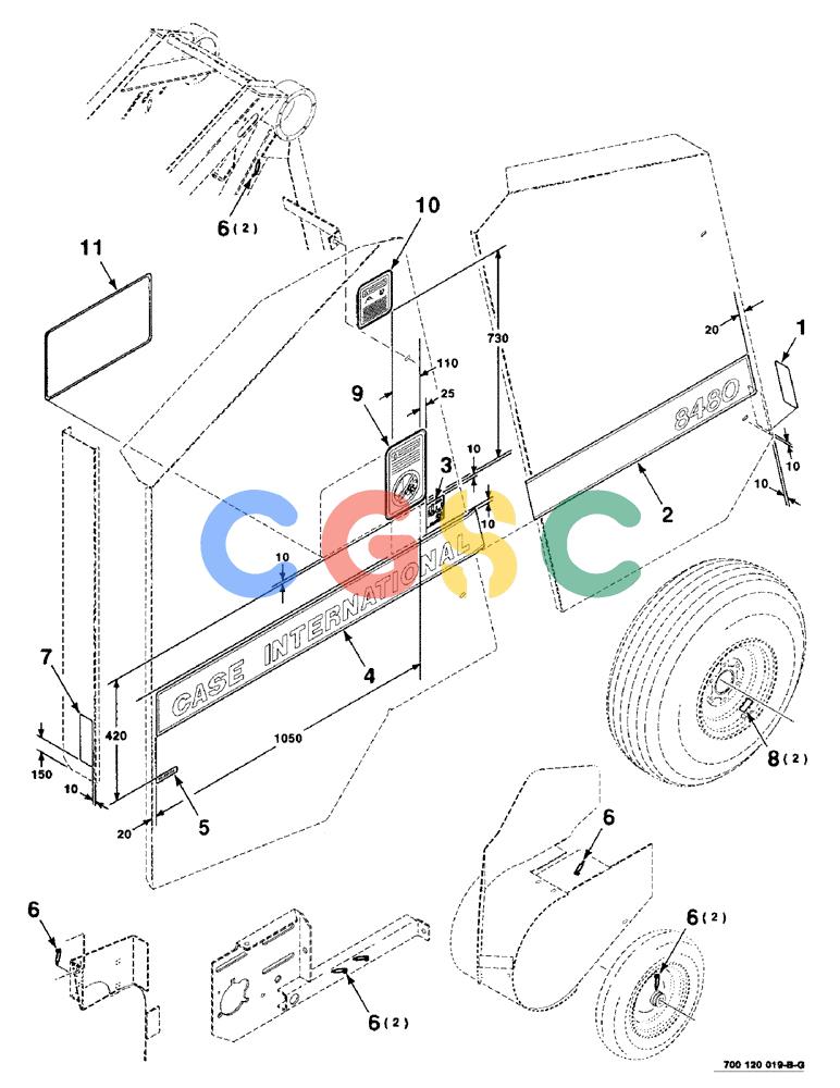 凯斯零件查询(8480) - CASE IH FIXED CHAMBER ROUND BALER (1/90-12/00) (9-04) - DECALS AND LOCATION DIAGRAM, LEFT, SERIAL NUMBER CFH0051001 THROUGH CFH0114150 Case Agriculture