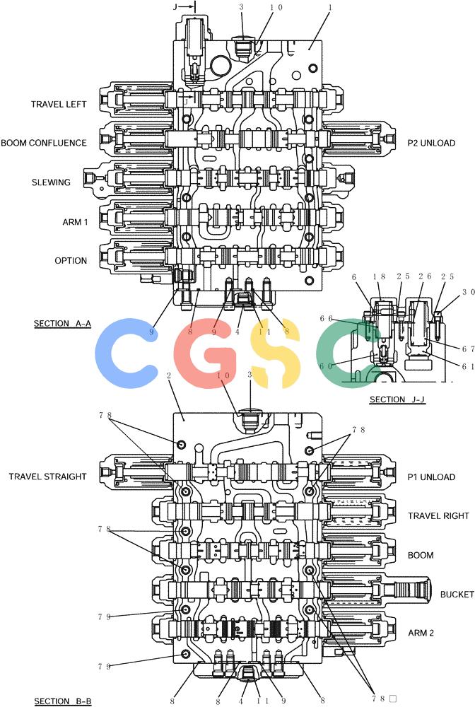 纽荷兰零件查询(E215B) - CRAWLER EXCAVATOR - TIER 3 (NA) - ASN N7DA21001 (1/07-) (8.044[02]) - VALVE ASSEMBLY, CONTROL (YN30V00101F1, F2 & F3), FIGURE 2 OF 5 New Holland Constructuion