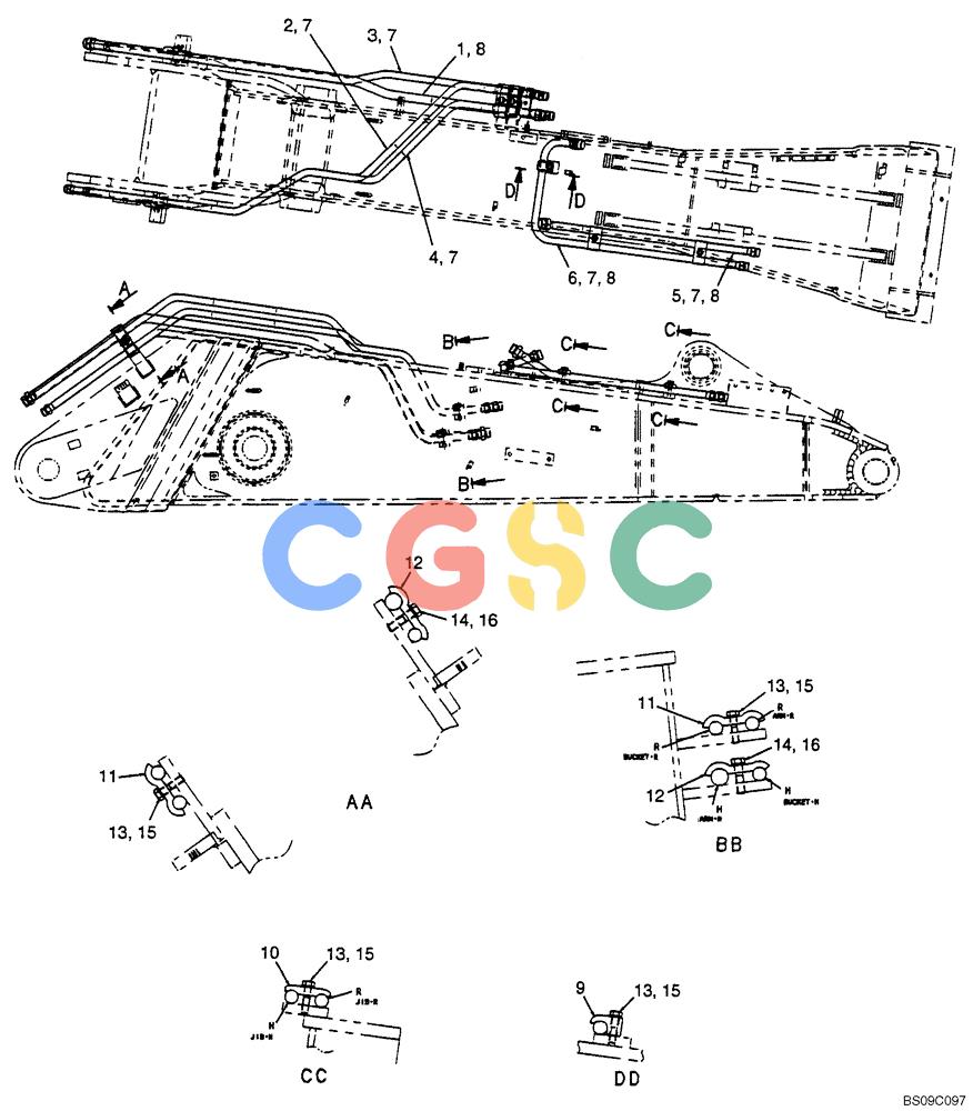 神钢零件查询(BOOM) - ATTACHMENT, (2-PIECE BOOM) SK135SR-1E, SK135SRLC-1E, SK135SRLC-1ES (11/01-12/10) (06-029[00]) - MAIN BOOM HYDRAULIC LINES, (2-PIECE BOOM), (YY42H00046F1) Kobelco