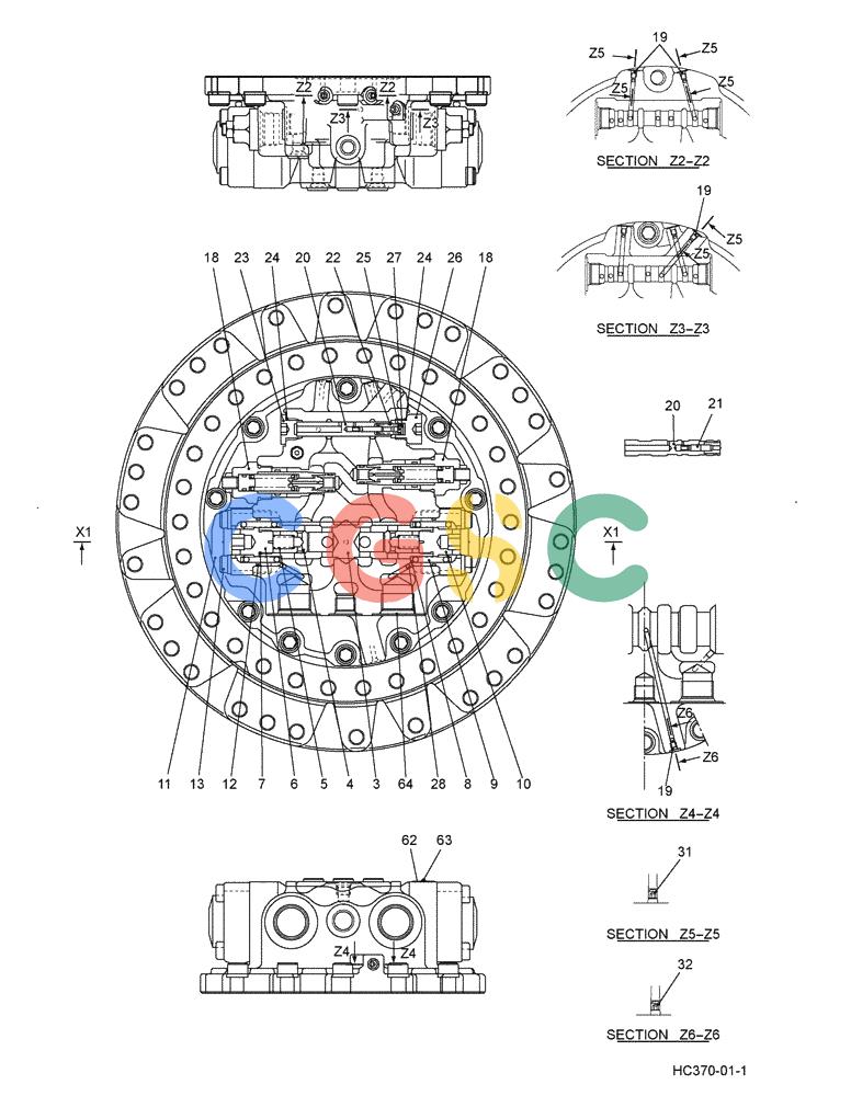 纽荷兰零件查询(E215B) - CRAWLER EXCAVATOR - TIER 3 (NA) - ASN N7DA21001 (1/07-) (8.043[00]) - MOTOR ASSEMBLY, PROPELLING HC370 (LQ15V00020F1), FIGURE 1 OF 2 New Holland Constructuion