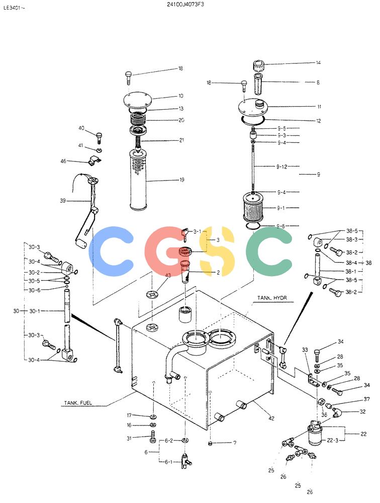 神钢零件查询(K903B) - EXCAVATOR ASN LE3401 (1/85-12/03) (01-010) - TANK ASSY, P/N 24100J4073F3 Kobelco