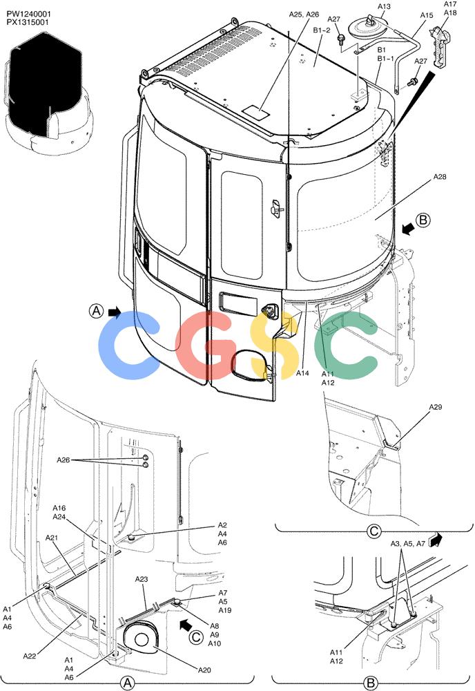 纽荷兰零件查询(E35SR) - COMPACT CRAWLER EXCAVATOR ASN PX13-15001 (N6TN61732) (NA) (1/06-) (05-010) - CAB INSTAL (COOLER), P/N PW02C00043F1 New Holland Constructuion