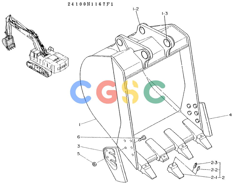 神钢零件查询(K935) - EXCAVATOR BTW L70106 - L70166, LU0067 (1/76-12/03) (09-020) - BUCKET ASSY, P/N 24100N1167F1 Kobelco