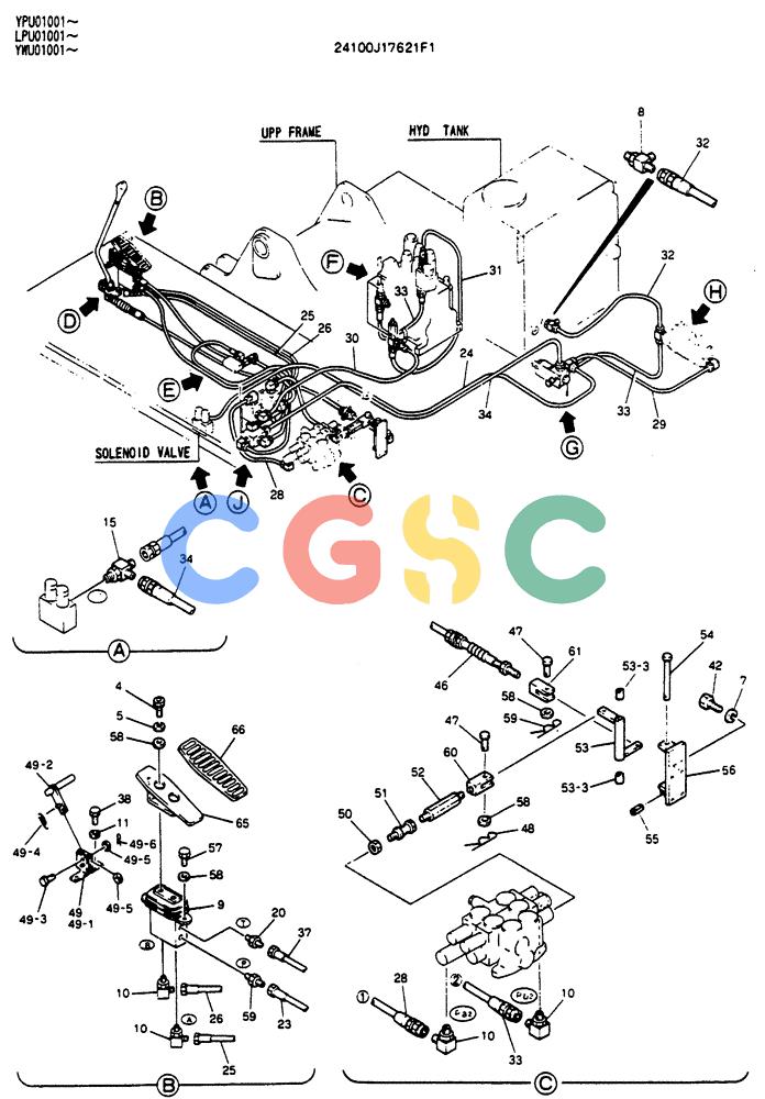 神钢零件查询(SK130LC) - EXCAVATOR BTW YPU1001 - YPU2000 (1/98-12/98) (03-011[01]) - CONTROL LINES REMOTE (DOZER & EXTRA & BREAKER) Kobelco