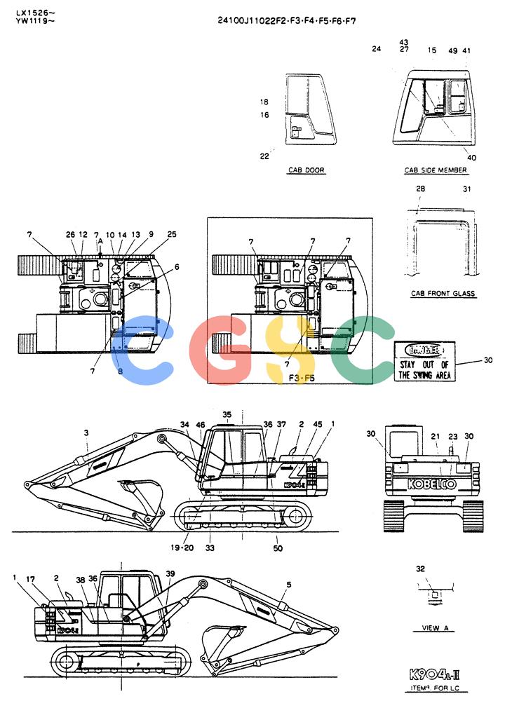 神钢零件查询(K904) - MARK II EXCAVATOR ASN YW1119 (1/88-12/03) (10-004) - LABEL, NAME-PLATE, P/N 24100J11022F2 Kobelco
