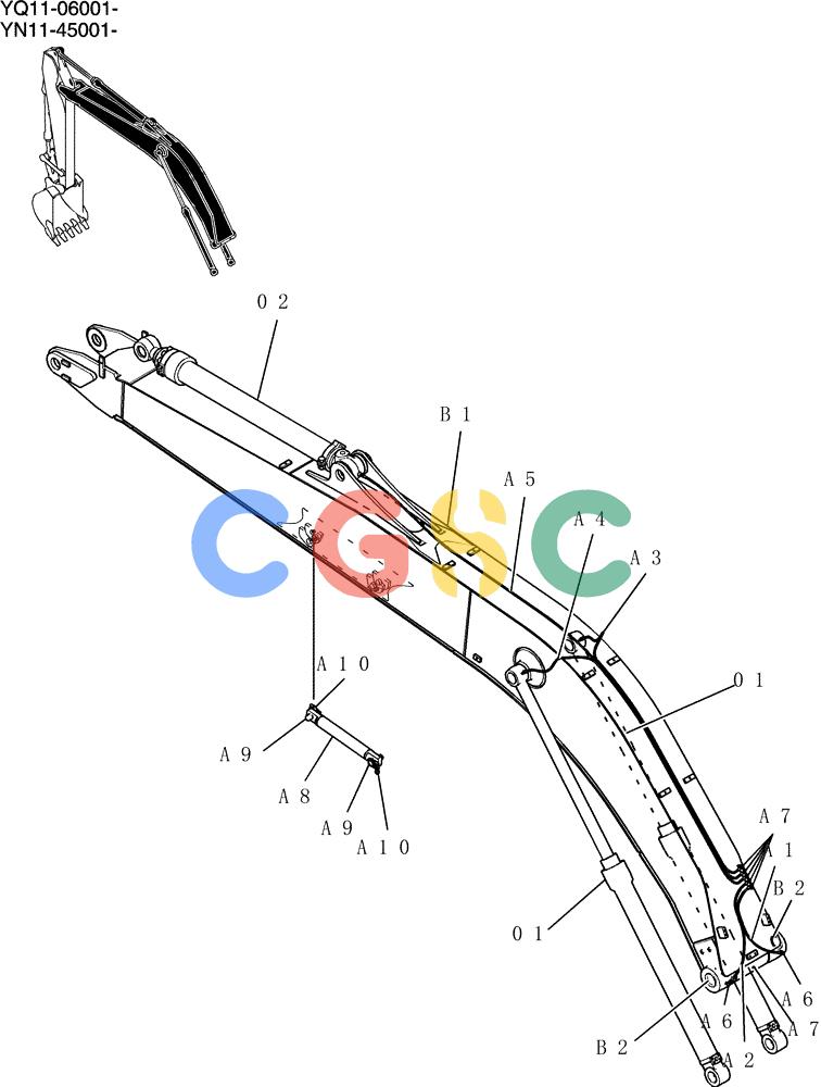 神钢零件查询(200-8) - EXCAVATOR S/N YN11-45001 - (1/06-12/09) (842-01-1) - BOOM GROUP, 7.0M (23FT) (40FT LONG RANGE) Kobelco
