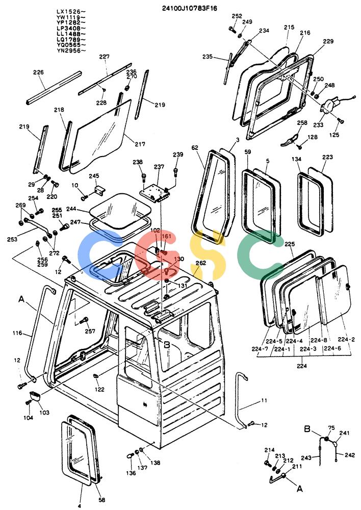 神钢零件查询(K904) - MARK II EXCAVATOR ASN YW1119 (1/88-12/03) (02-004[01]) - CAB ASSY, P/N 24100J10783F1 Kobelco